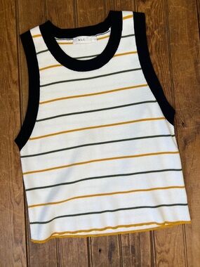 A.L.C. Ribbed Striped Tank Top knot cropped in White, Black, Mustard & Olive s